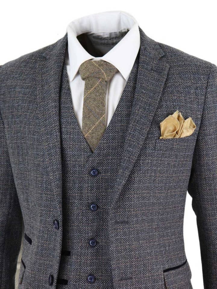 Armada Traje retro vintage de 3 piezas para hombre en tweed azul marino a cuadros de venta al por mayor en Faire