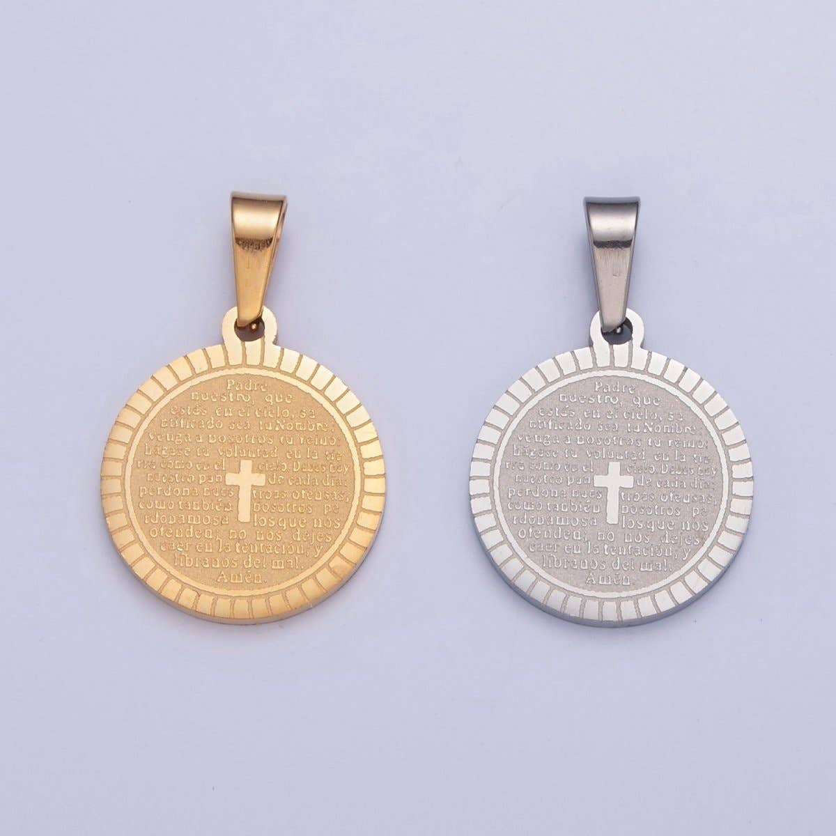 Aim Eternal - Wholesale Individual Charm/Pendant - Stainless Steel Round Medallion, The Lord's Prayer in Spanish, Religious Cross in Silver & Gold  I-439 I-4444