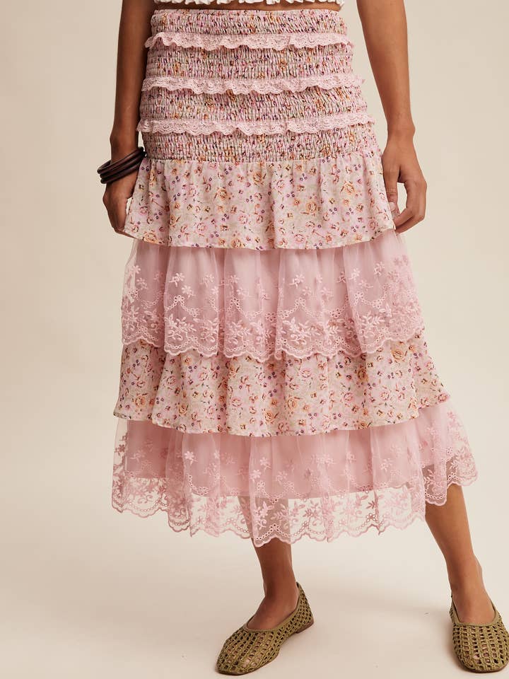 Smocked Lace Tiered Midi Skirt/Dress LSK0271 for wholesale by Listicle