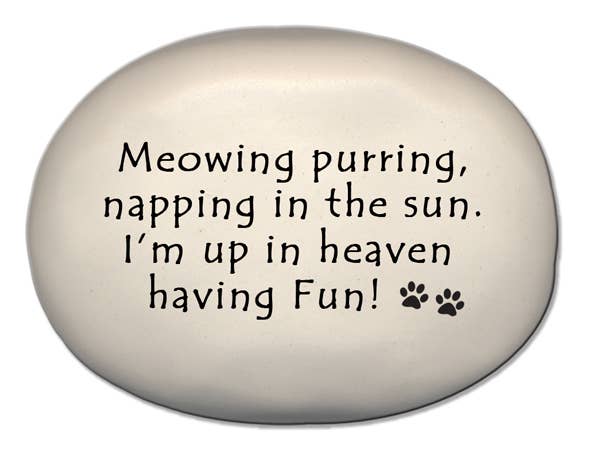 August Ceramics - Wholesale Pet Urn/Keepsake Box - Pet memorial rock:  "Meowing, purring, napping in the sun...2