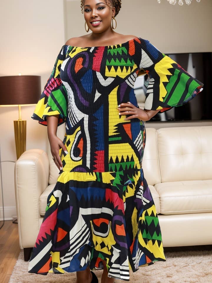 Multi-Print African Off-Shoulder Sleeves African Dress 9008 for wholesale by KaraChic