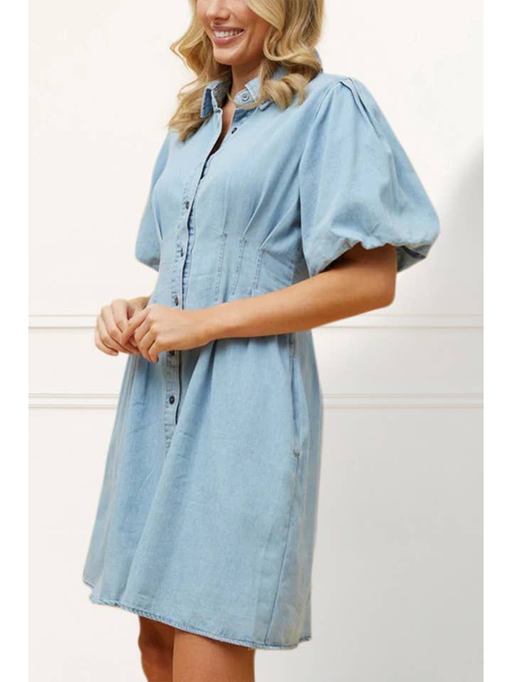 Blue Viviane Soft Wash Denim Shirt Dress Short Sleeve for wholesale on Faire