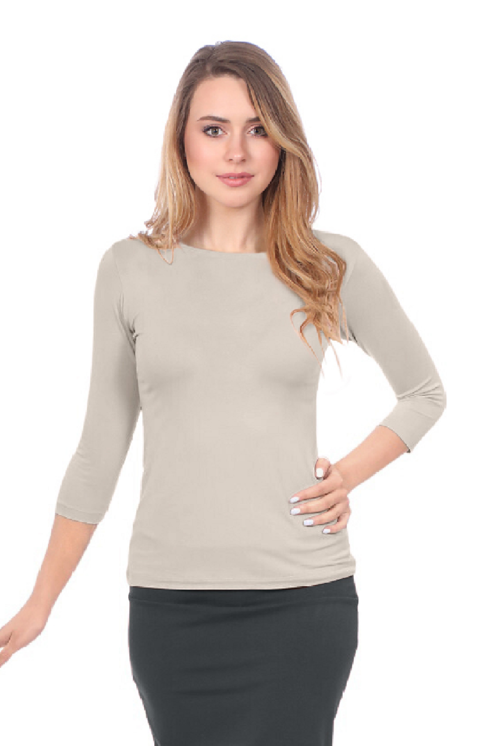 Kosher Casual - Wholesale T-Shirt - Women's - Fitted 3/4 Sleeve Layering Shell - High Round Neckline Slim-Fit Undershirt6