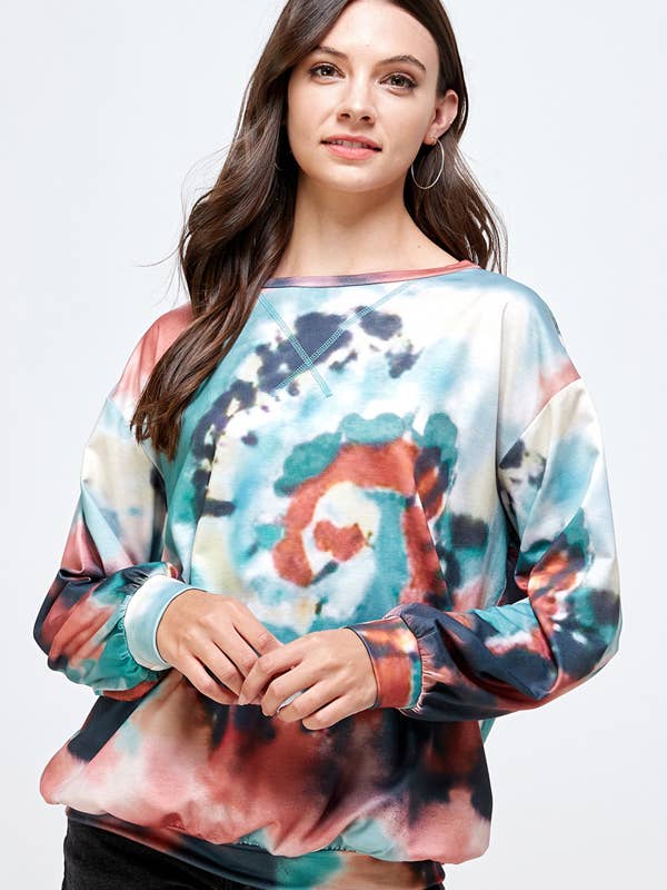 PL1070-Cuello redondo Corbata Tinte Impreso Top para venta al por mayor de Vibrato Clothing