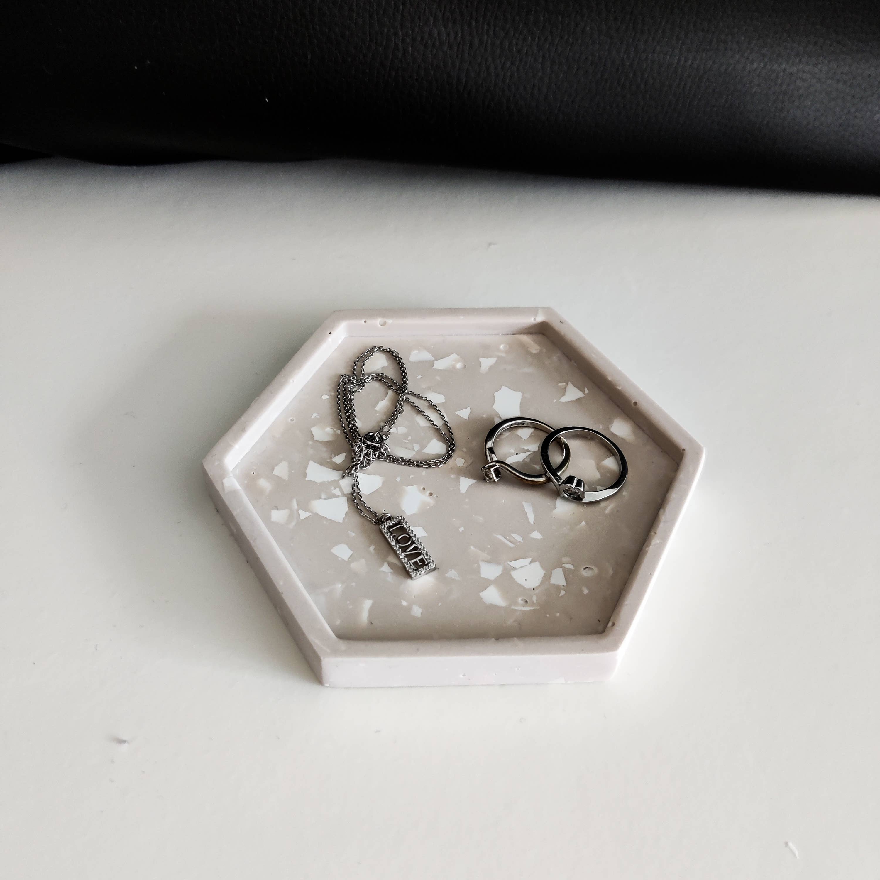 The Sage Rose Studio – wholesale Jewellery dish – Handmade Beige terrazzo jewellery dish, hexagonal coaster1