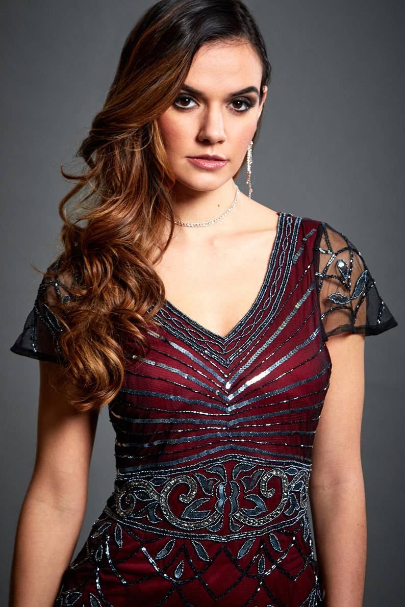 Jywal London® – Vestido - Mulher por atacado – Vestido de Festa Midi Flapper Vermelho Vinho Silvia2