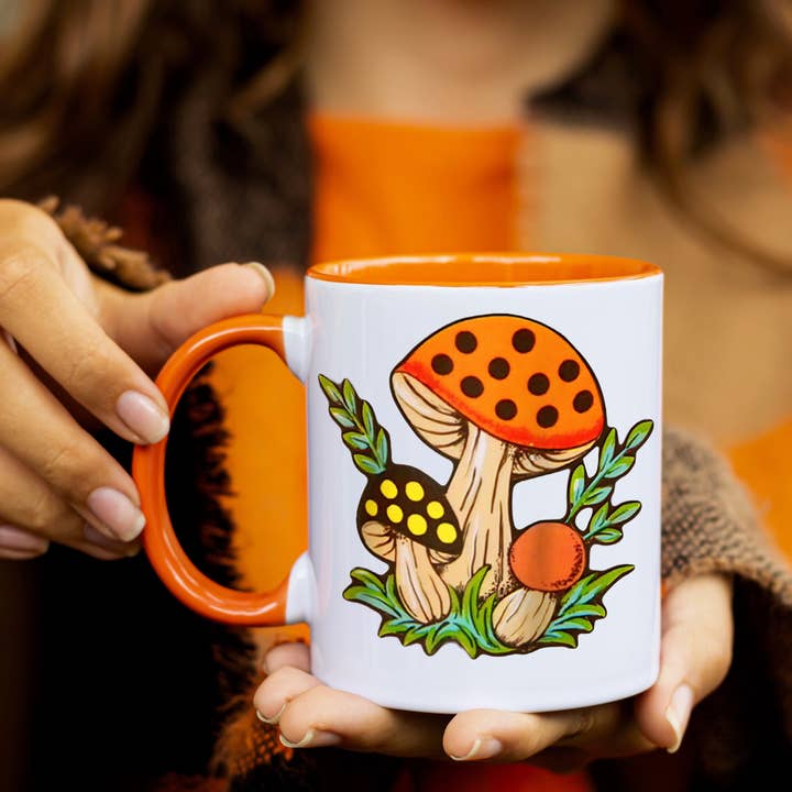 Ace the Pitmatian Co - Wholesale Coffee Mug - Vintage Mushroom Mug with Orange Handle1