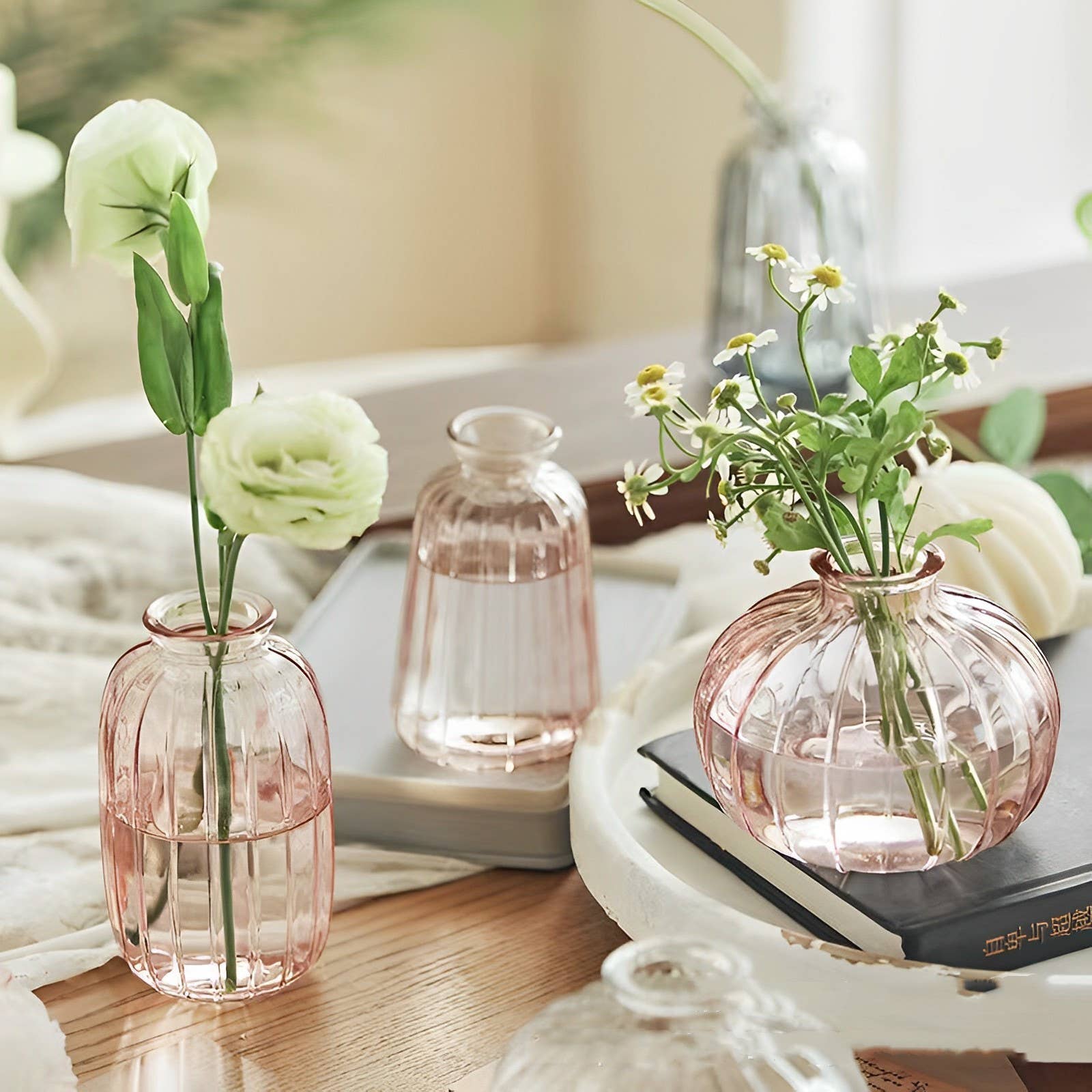 Sweet Home Deco - Wholesale Vase - Pleated Glass Bud Vases, Small Glass Vases, Clear/Pink/Grey3