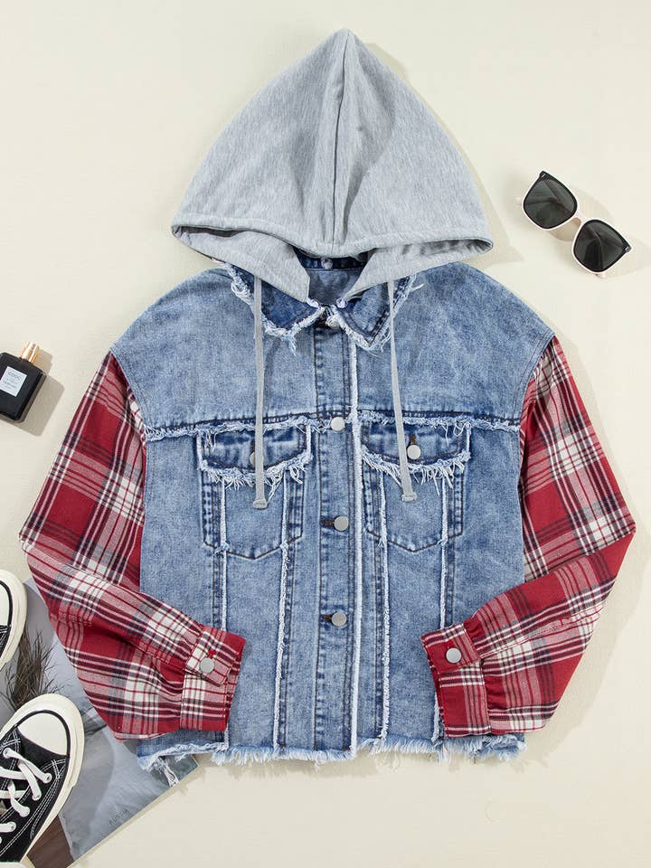 Beau Blue Plaid Print Patchwork Hooded Raw Hem Denim Jacket for wholesale by Sweet Lover Fashion
