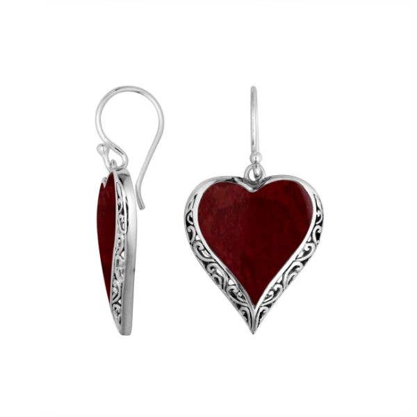 AE-6196-CR Sterling Silver Heart Red Coral Earrings – Fine Artisan Jewelry Collection for wholesale by Bali Designs