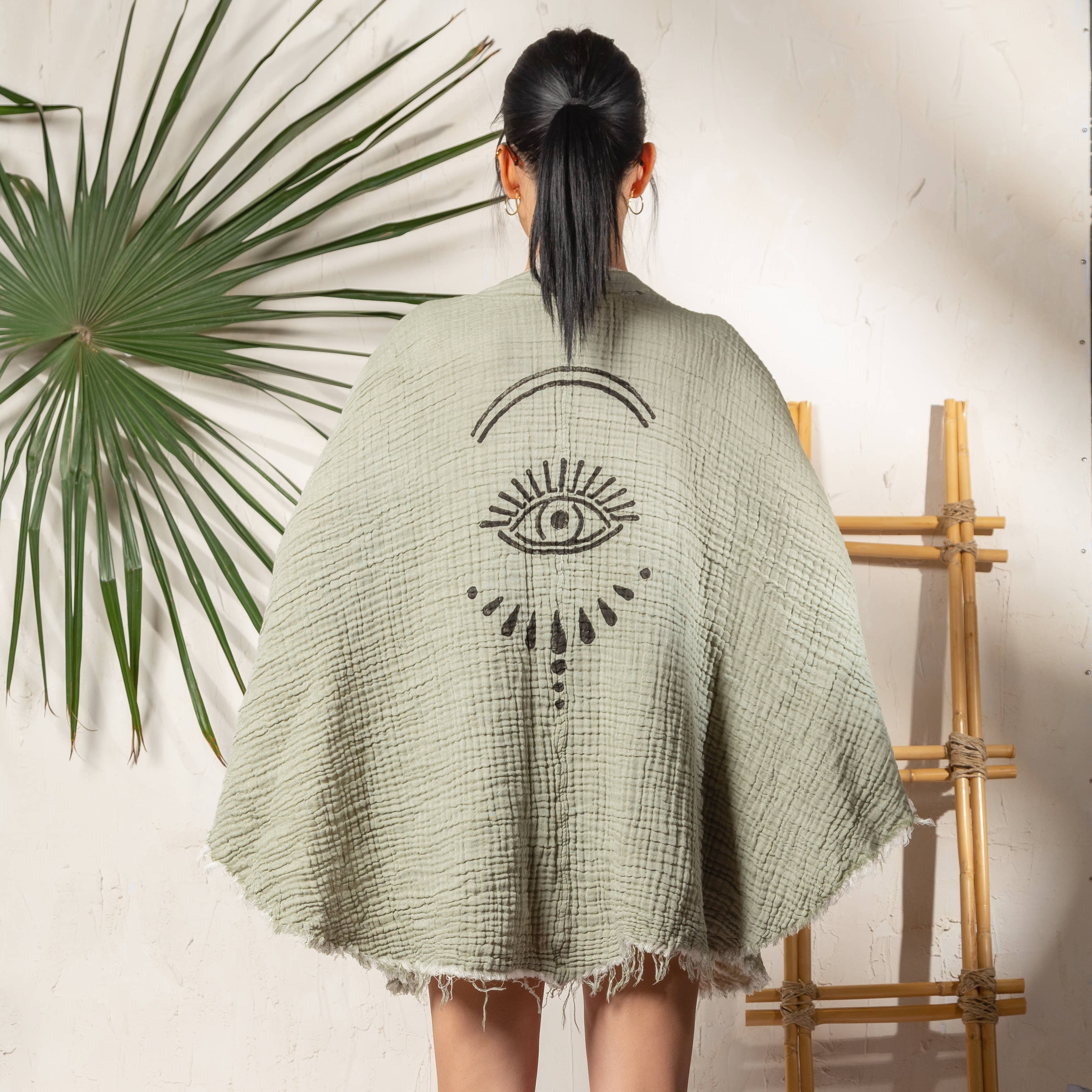Moa - Wholesale Kimono - Women's - Cream Evil Eye Muslin Kimono Robe / Poncho6