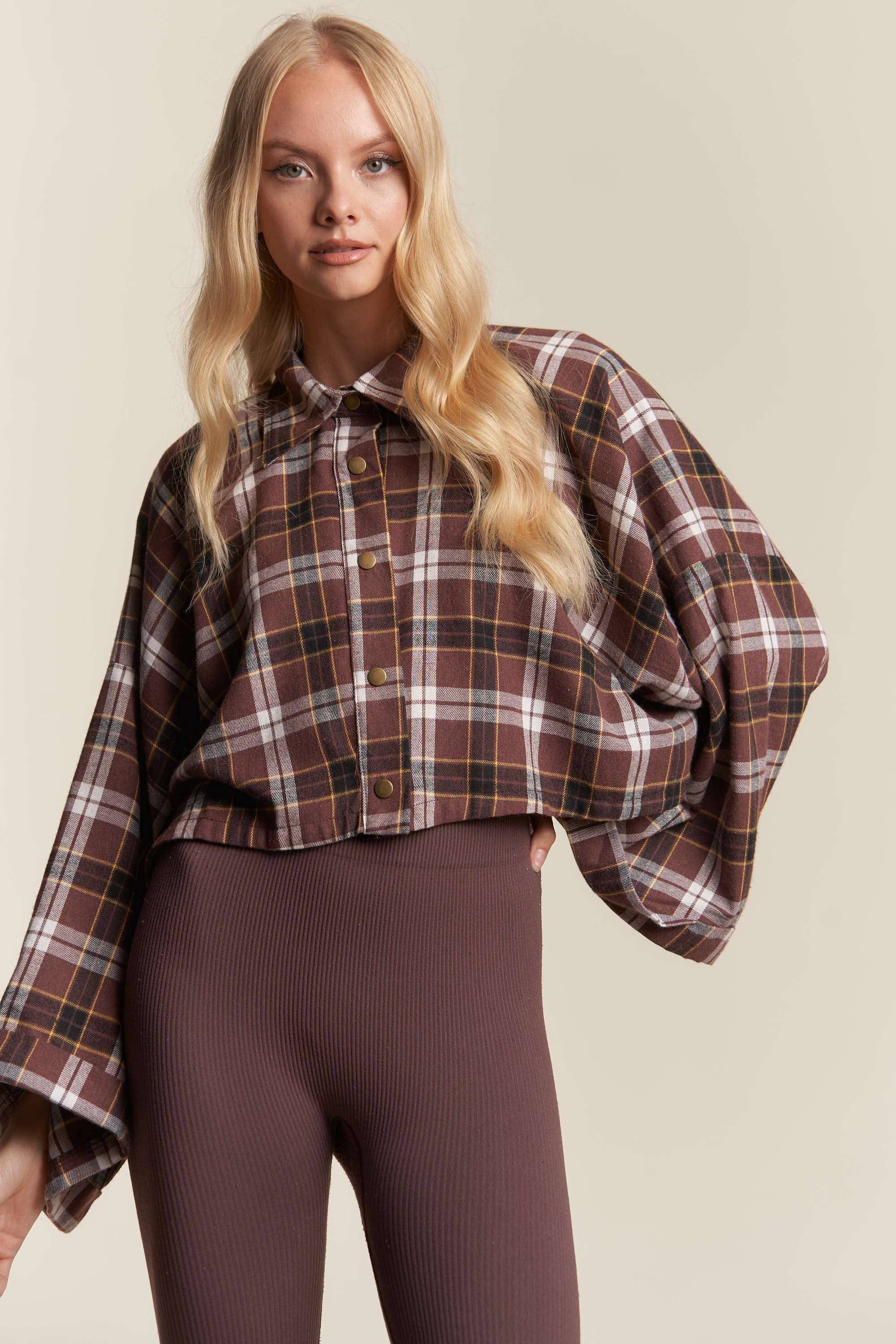 BROWN COMBO WIDE SLEEVE SNAP BUTTON DOWN PLAID SHIRT JACKET for wholesale on Faire6