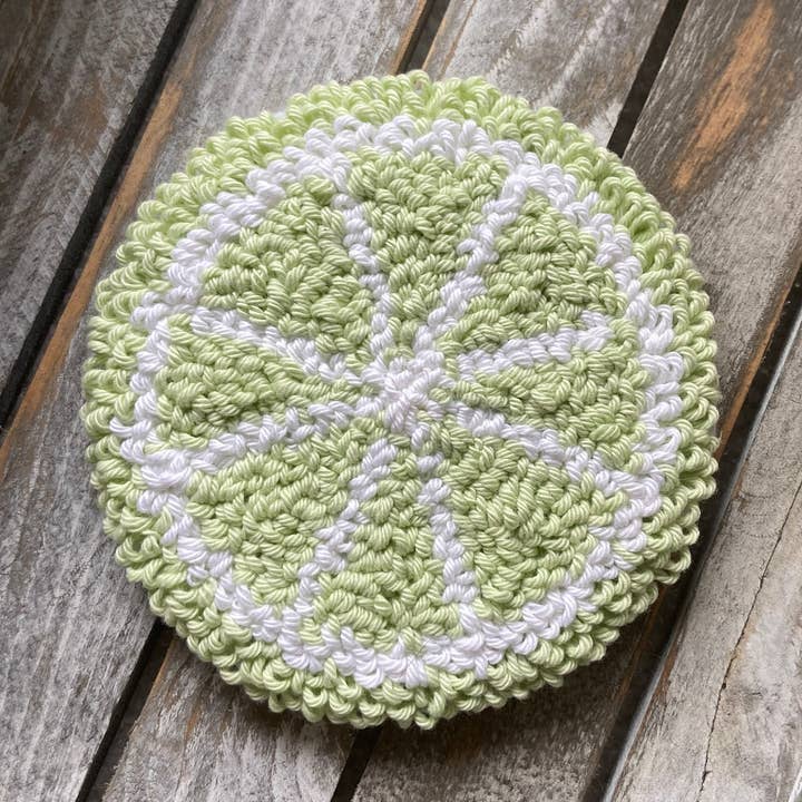 Lime coffee coaster, punch needle mug rug, candle mat for wholesale by Chickadee Creations