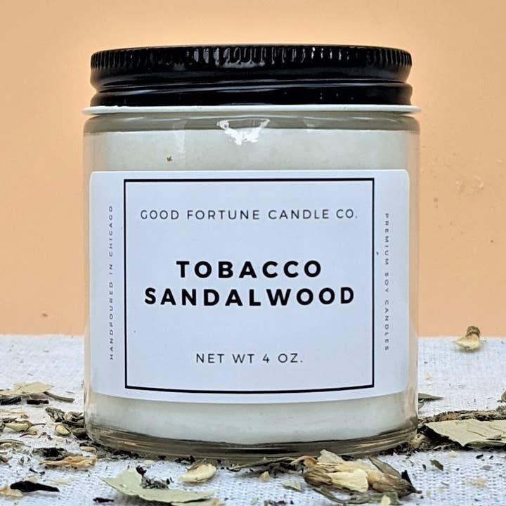 Tobacco Sandalwood | Premium Soy Wax Scented Candle | Tobacco Bay Leaf Sandalwood Scented Candle | Handmade in Chicago | 8oz 4oz for wholesale by Good Fortune Candle Company