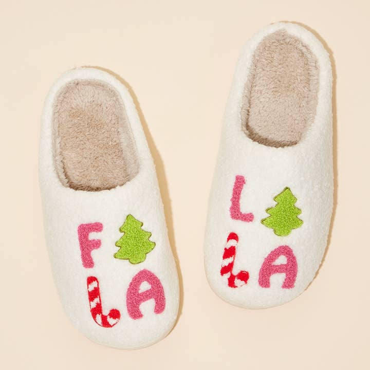 Pink ‘FALALALA’ Tree Fuzzy Home Slippers for wholesale on Faire