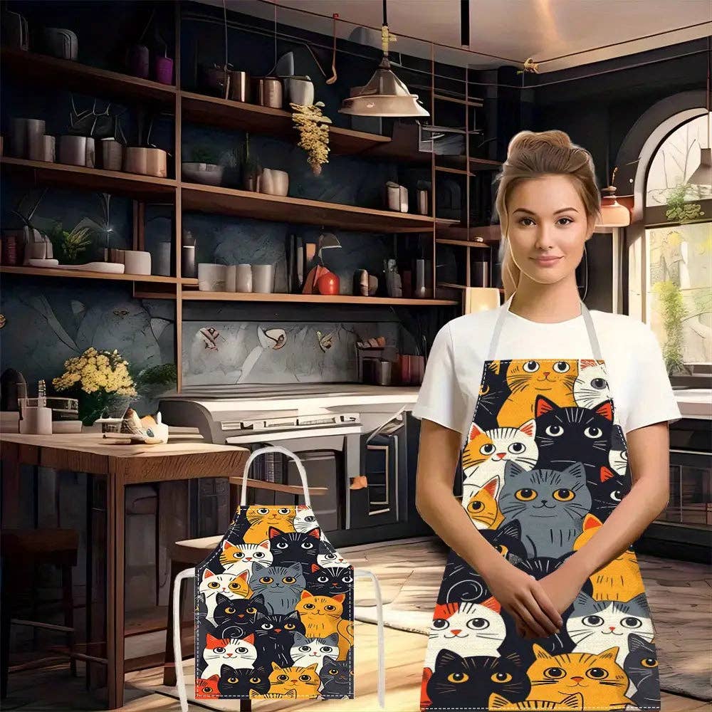 Huis Van Merken – wholesale Apron – 1PC Linen Fabric Cartoon Cat Design Apron3