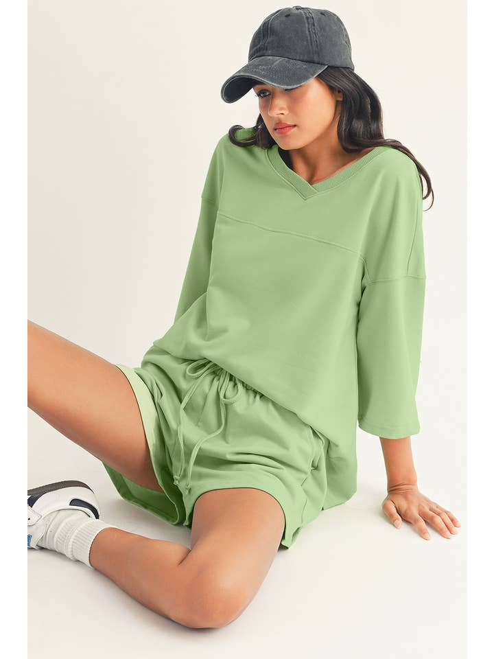 Little Daisy Closet - Wholesale Top & Short Set (NOT Loungewear) - Women's - LDC Solid Loose V Neck Half Sleeve Tee and Shorts