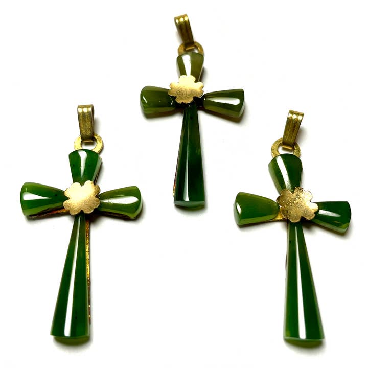 Vintage 1970s Green Jade Christian Cross Charm Pendant for wholesale by Whitestone Jewelry Co.