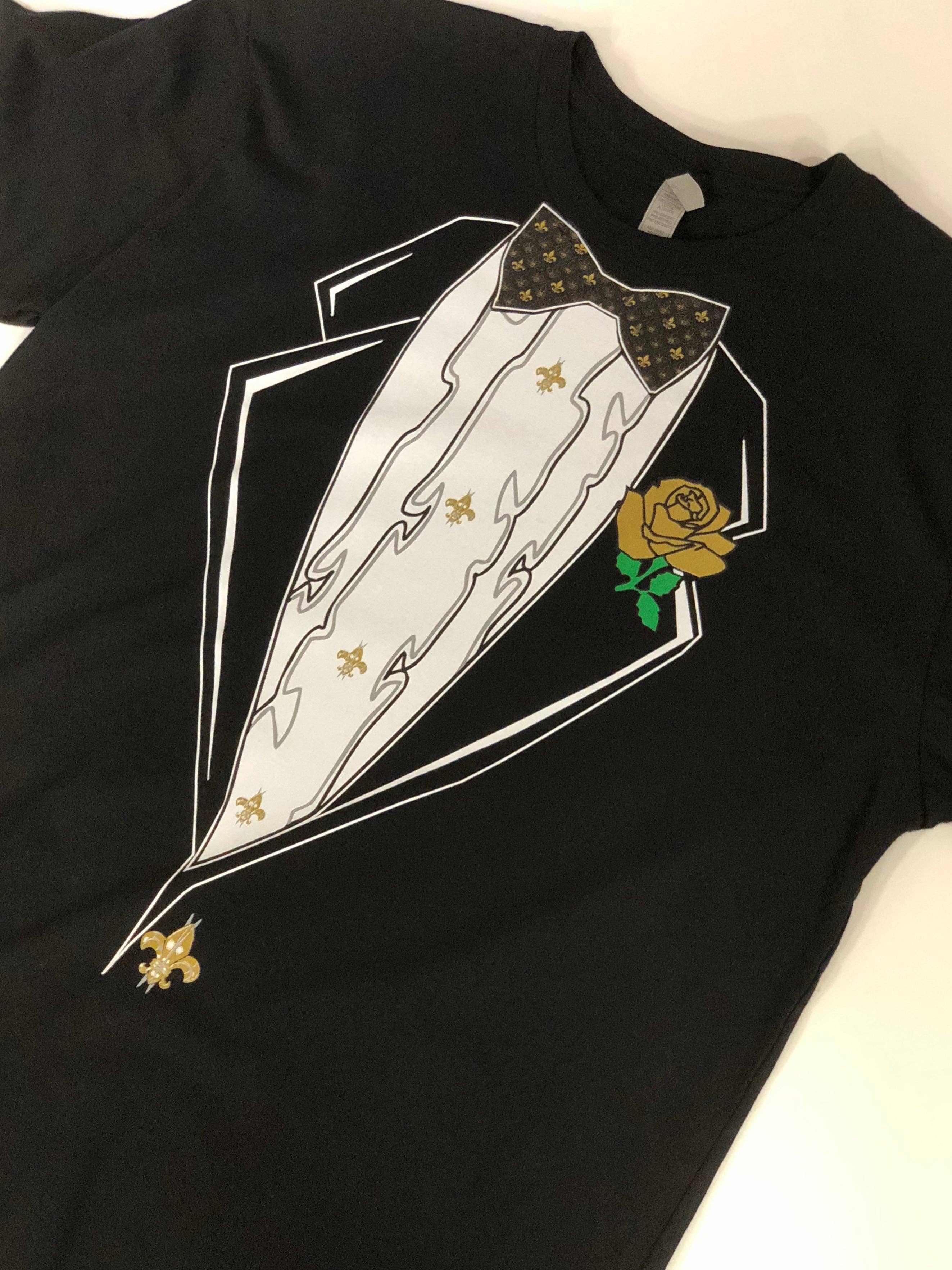 Mardi Gras Creations – wholesale Screen printed t-shirt – unisex – Black & Gold Tuxedo T-Shirt3