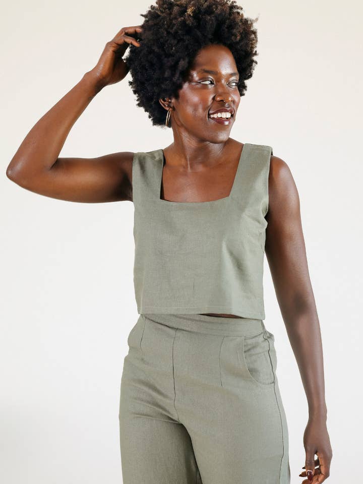 Malai Linen Crop Top - Olive for wholesale by POPLINEN