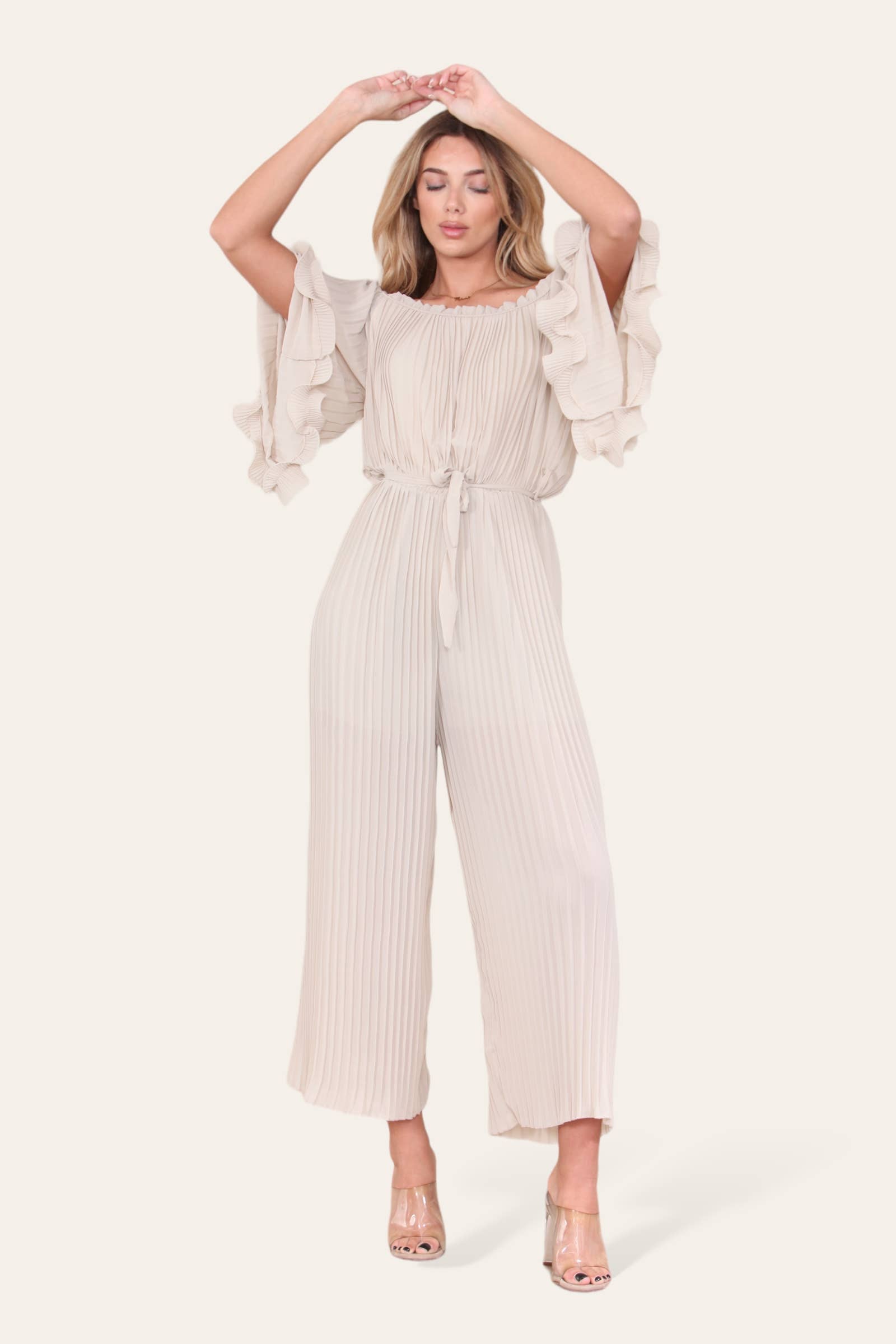 WHITE Sofia Bardot Pleated Frill Jumpsuit for wholesale on Faire29