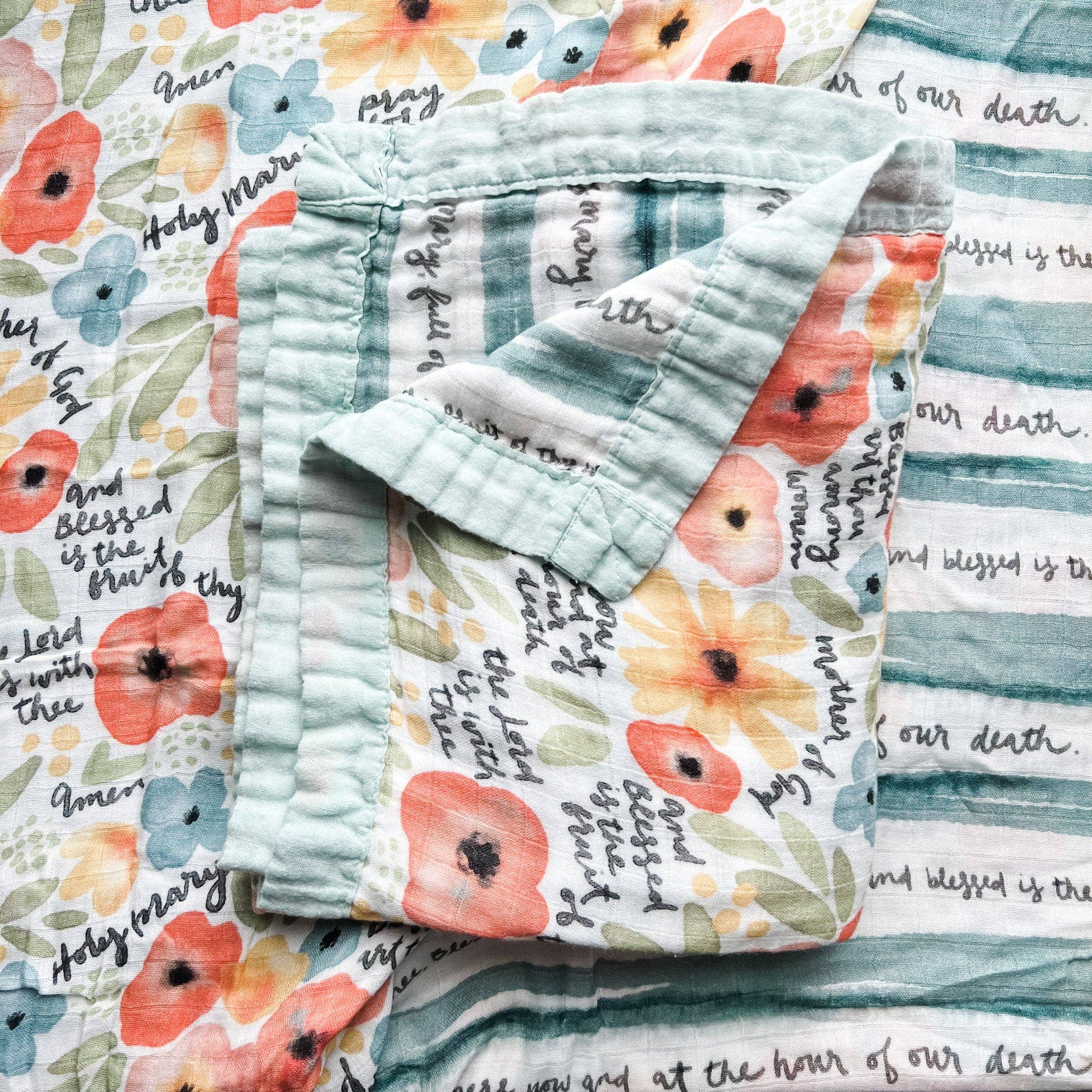 The Little Rose Shop - Wholesale Bedding Blanket - Kids & Baby - Watercolor Hail Mary Luxury Double Sided Muslin Catholic Blanket6