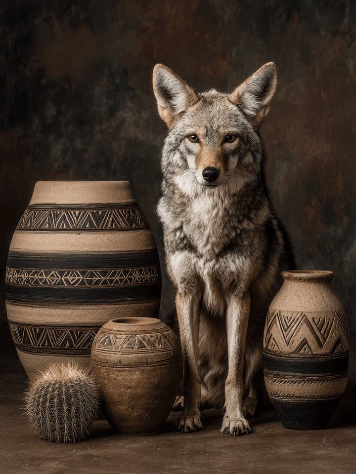 Coyote Pose - Nature Morte du Sud-Ouest 20x25 cm Œuvre pour Cadre 28x36 cm pour la vente par Mowbi