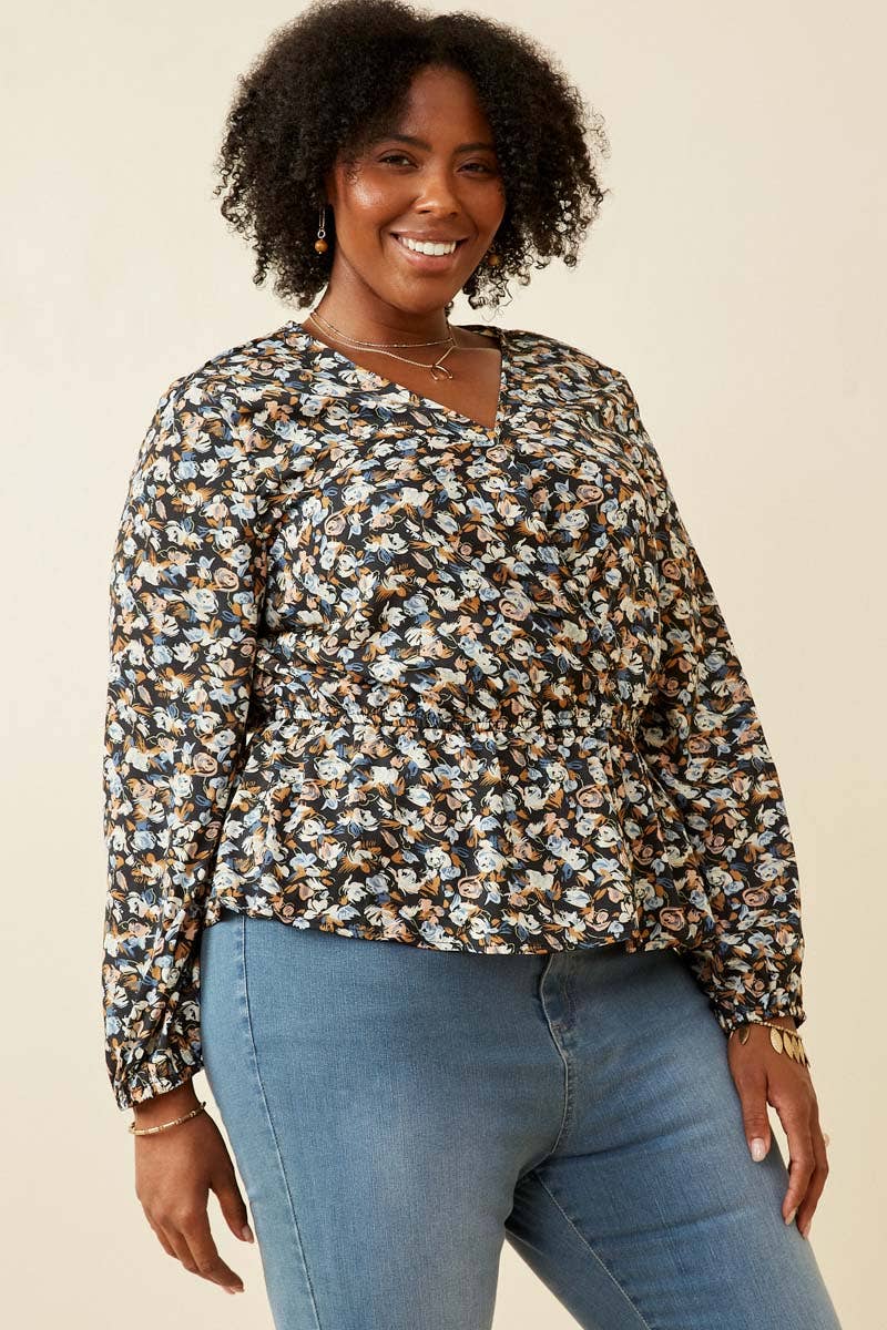 Black Womens Ditsy Floral Surplice Long Sleeve Chiffon Peplum for wholesale on Faire5