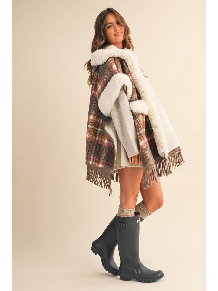 BROWN COMBO IJ1664 PLAID FRINGED FAUX FUR TRIM OVERSIZED CAPE COAT for wholesale on Faire4