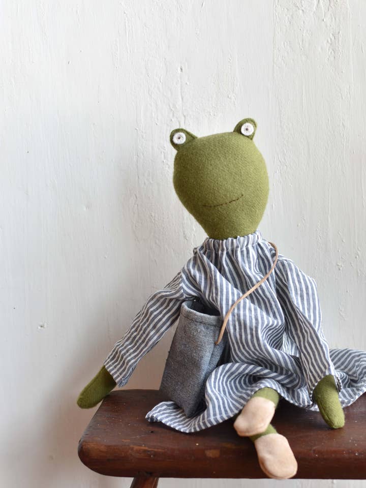Fern the Frog doll- Cotton Stripe Field Dress with Suede Shoes for wholesale by Woolgrass Farm