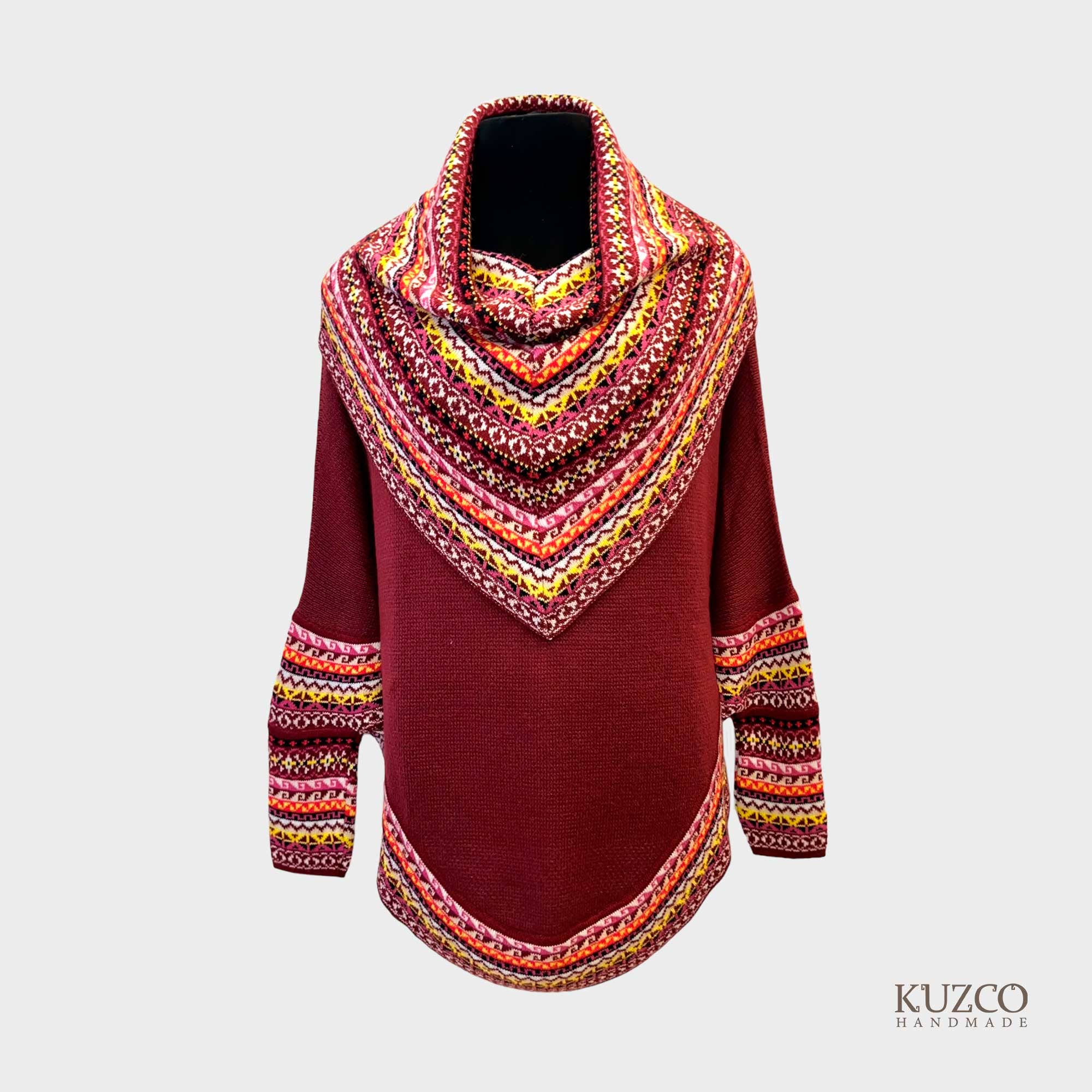 KuzcoHandmade - Wholesale Poncho - Women's - Alpaca Cowl Neck Poncho with Ethnic Pattern, Elegant & Cozy10