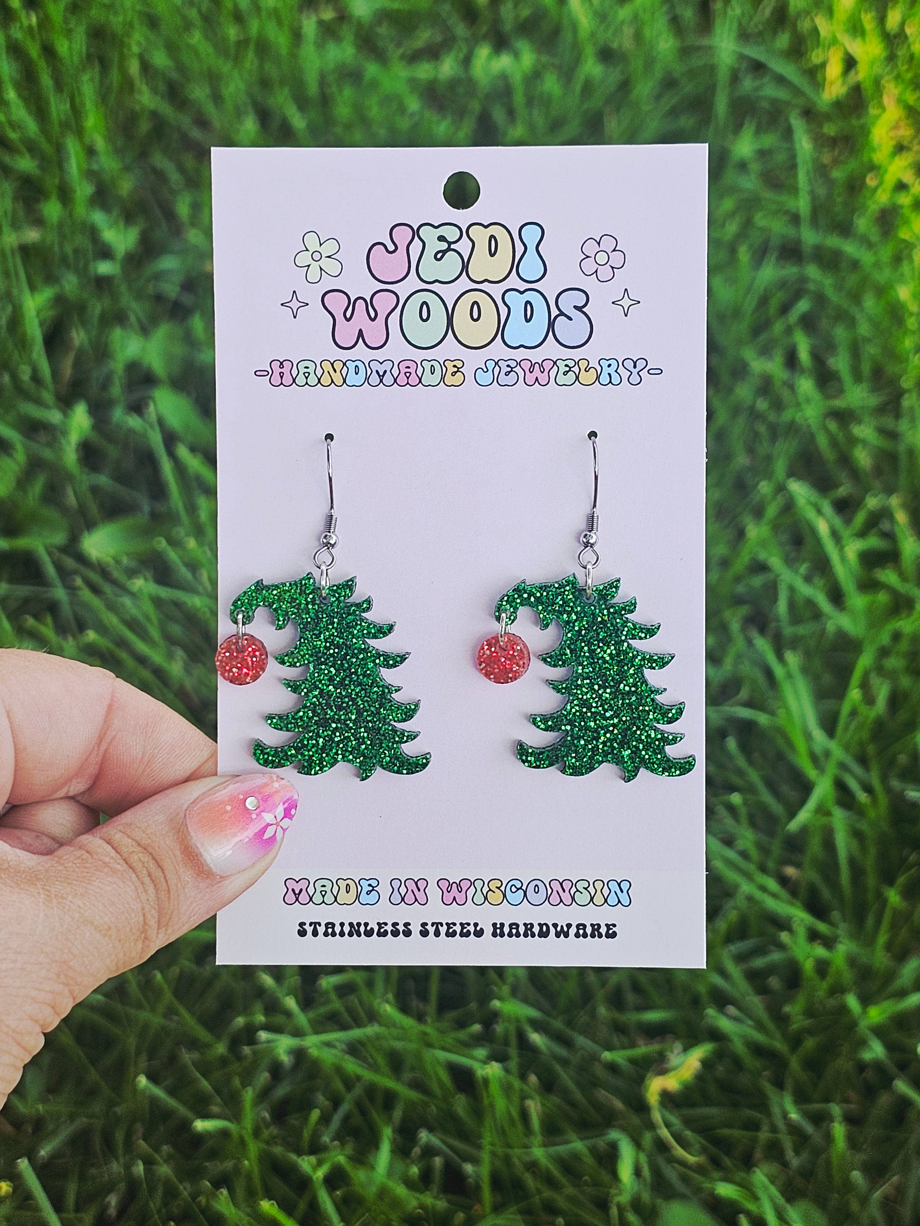 Jedi Woods LLC - Wholesale Dangle Earrings - Cindy Lou Who Bent Christmas Tree Earrings