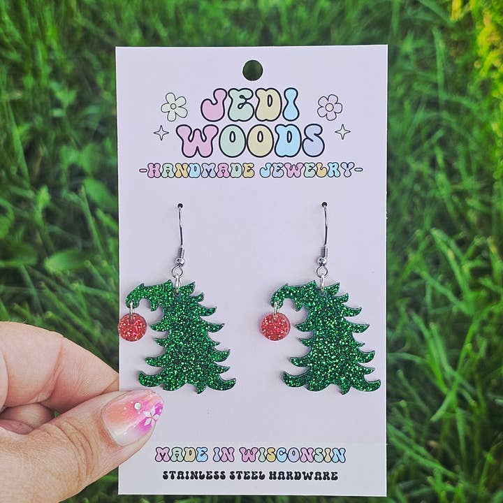 Jedi Woods LLC - Wholesale Dangle Earrings - Cindy Lou Who Bent Christmas Tree Earrings0