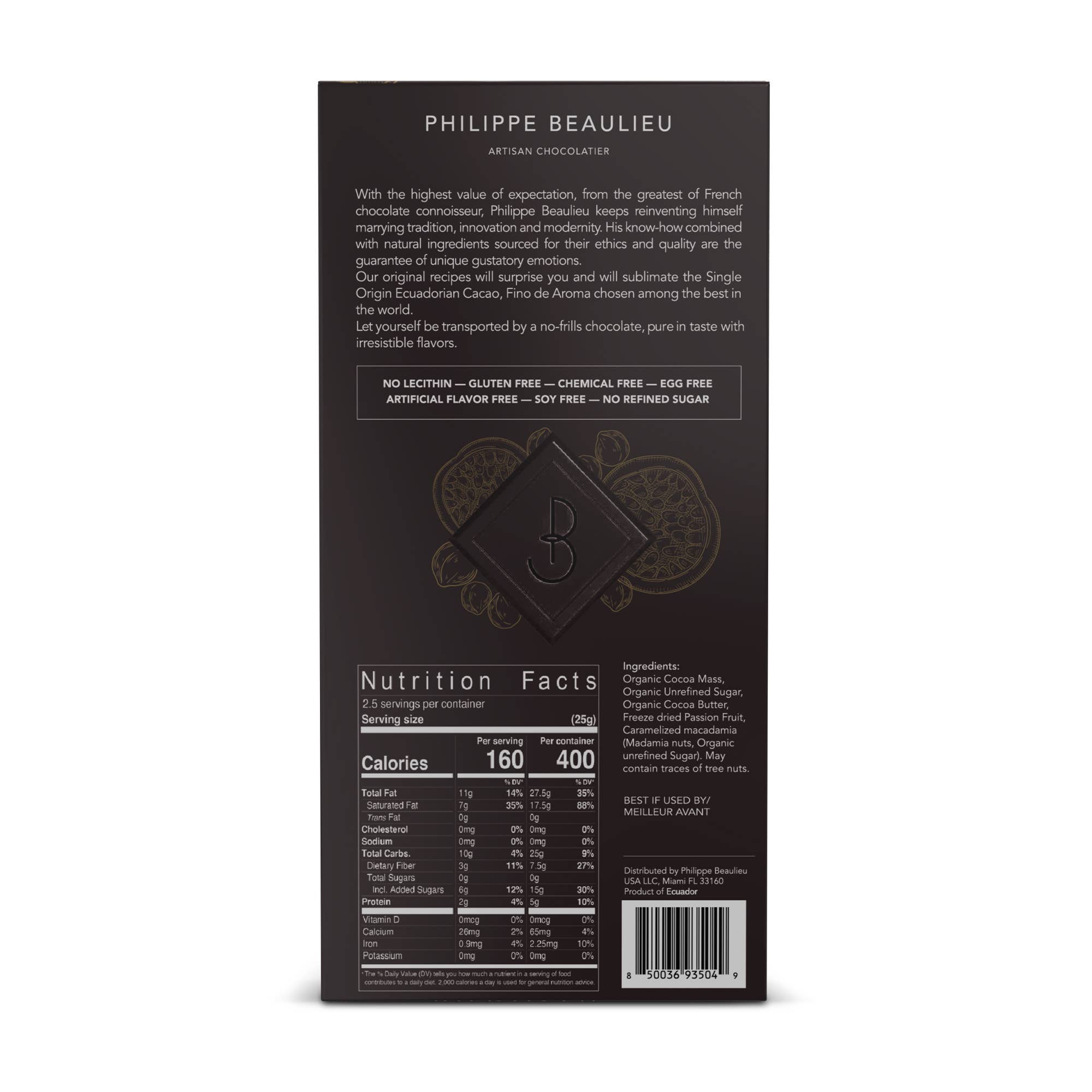 Philippe Beaulieu Artisan Chocolatier - Wholesale Chocolate Bar - 70% Dark chocolate bar Passionfruit & Caramelized Macadamia2
