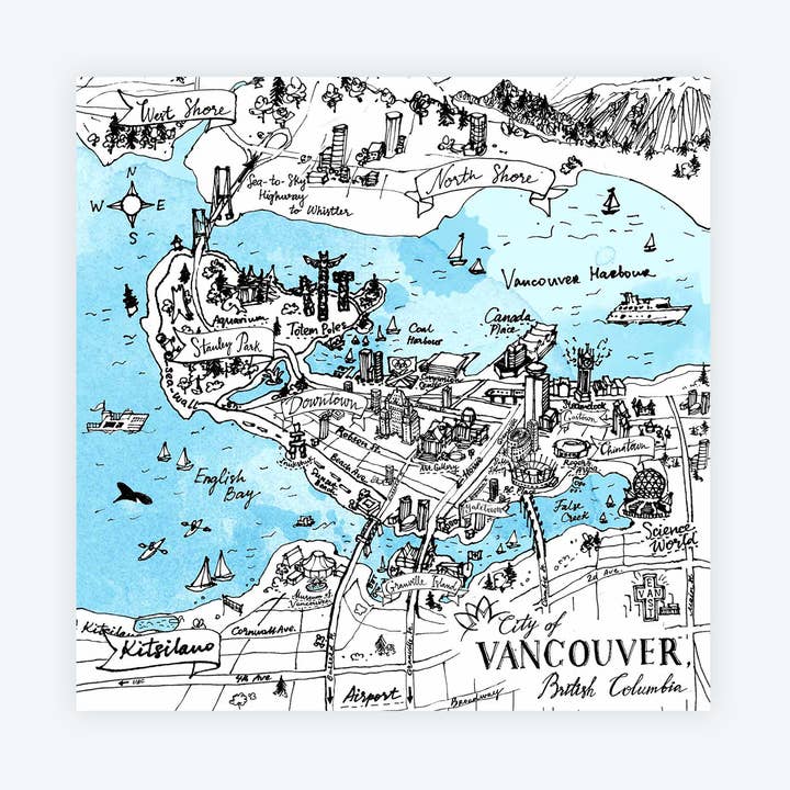 Map of Vancouver Watercolor Art-Print for wholesale by Elena Markelova Arts