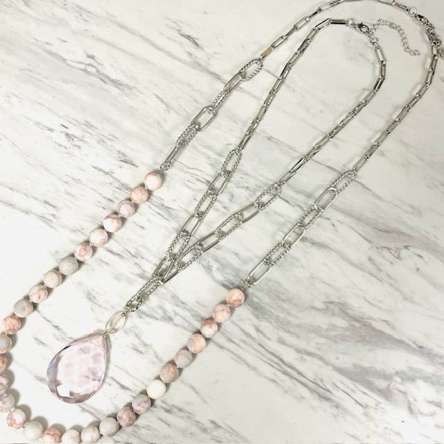 Layered Rhodonite Necklace with Silver Paper Clip Chain for wholesale by Anita K By Blushing Pink