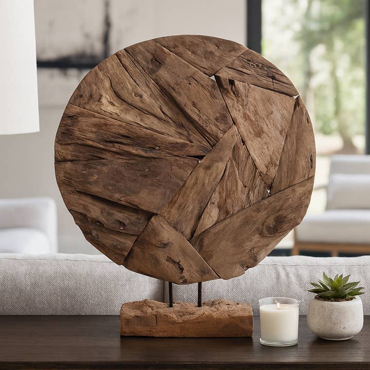 Sculpture - BrownTeak Wood Round Disc On Stand, 24 in. for wholesale by Sagebrook Home