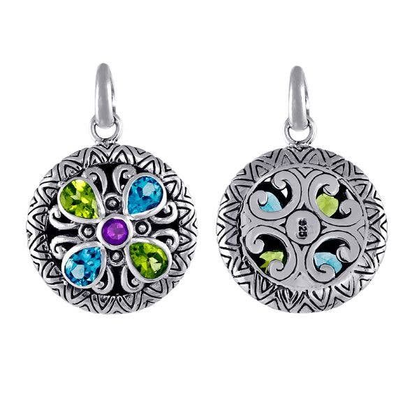 AP-6052-CO1 Sterling Silver Round Pendant With Peridot Q., Blue Topaz Q. & Amethyst Q.. for wholesale by Bali Designs