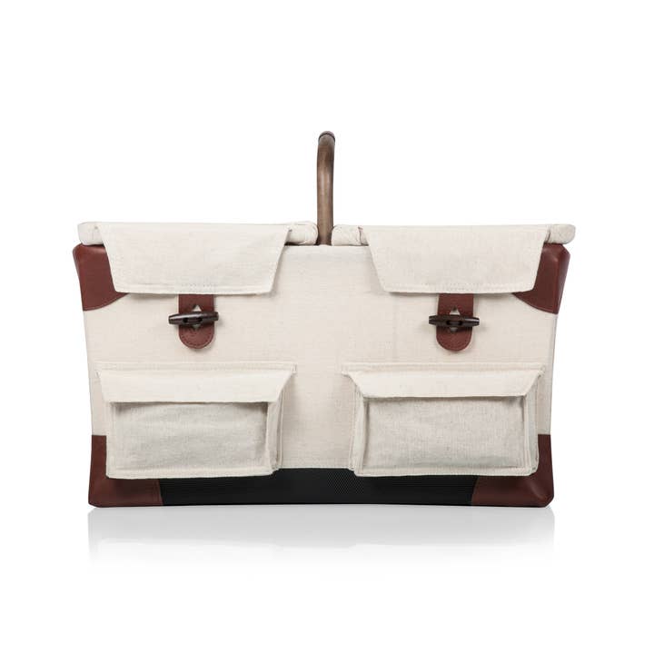 Beige Canvas with Navy Blue Brown Accents Pioneer Picnic Basket for wholesale on Faire3