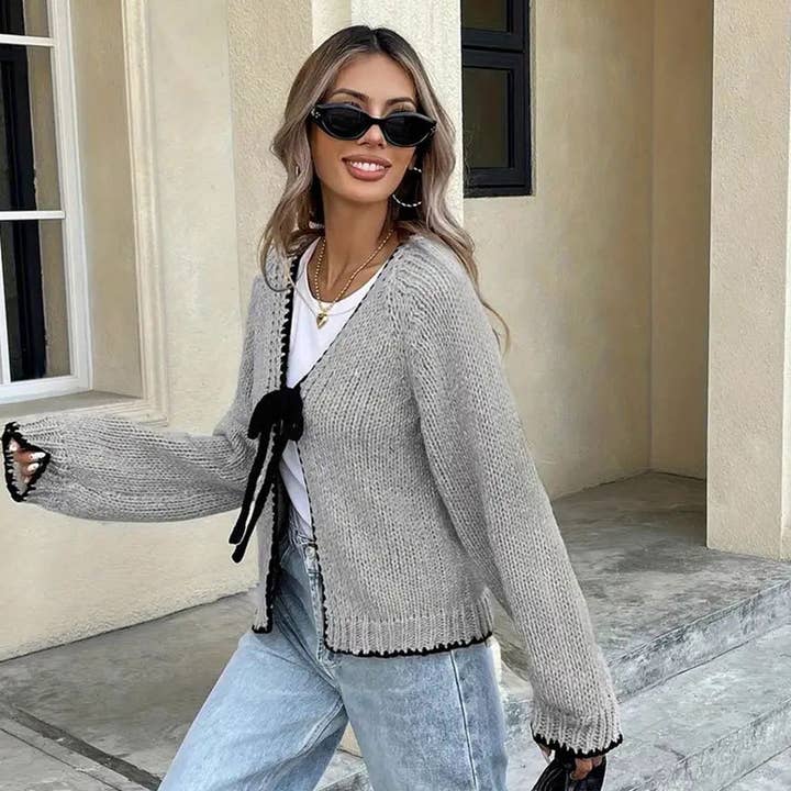 Lily Clothing - Wholesale Cardigan - Women's - Loose long-sleeved bow tie cardigan3