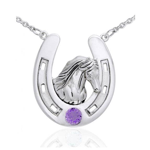 Sterling Silver Large Horseshoe Necklace with Friesian Horse Head Amethyst 18" for wholesale by Silver Insanity