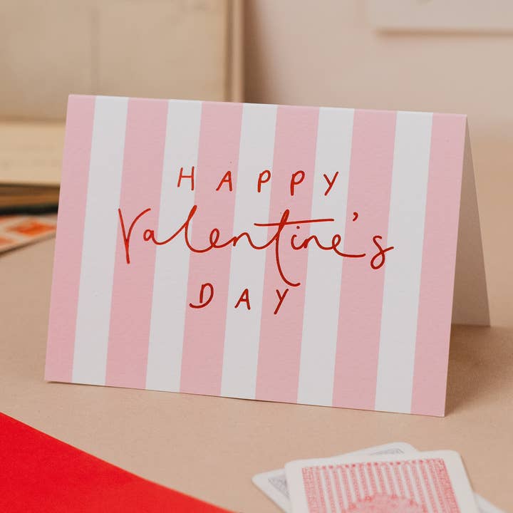 'Happy Valentine's Day' Pink Stripe Red Foil Card for wholesale by Oh Squirrel