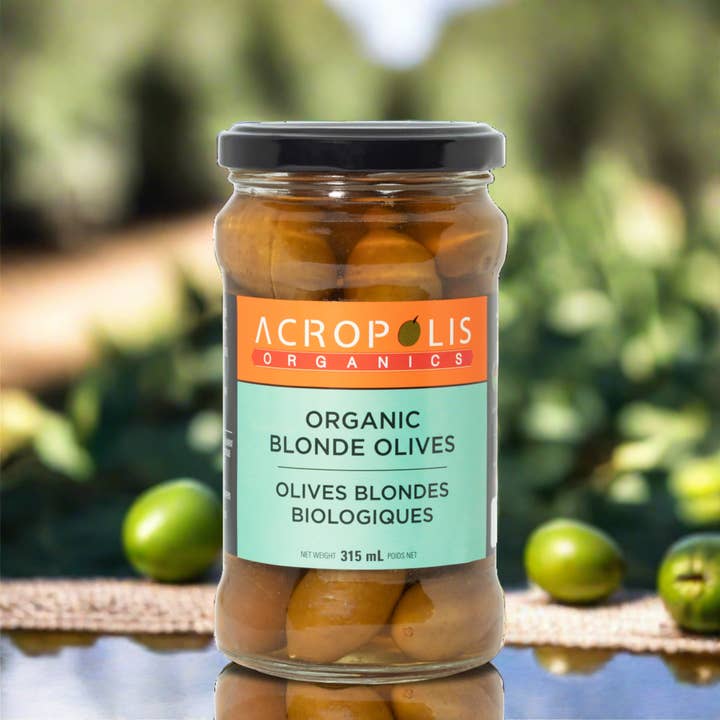 Organic Blonde Olives in Brine, 315 mL for wholesale by Acropolis Organics