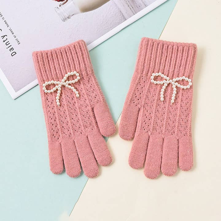 NINEXIS - Wholesale Gloves - Women's - CWAG00586_WOMEN WINTER KNIT BOW PEARL TOUCHSCREEN GLOVES2