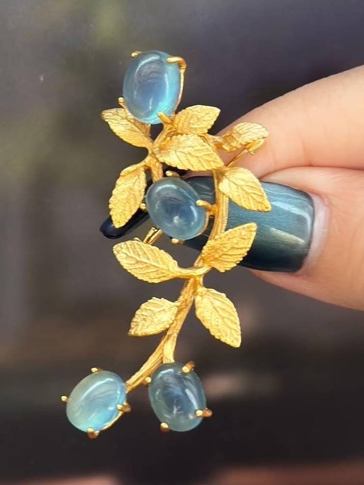 925 Silver Gold-Plated Aquamarine Botanical Brooch Handmade for wholesale by Morado