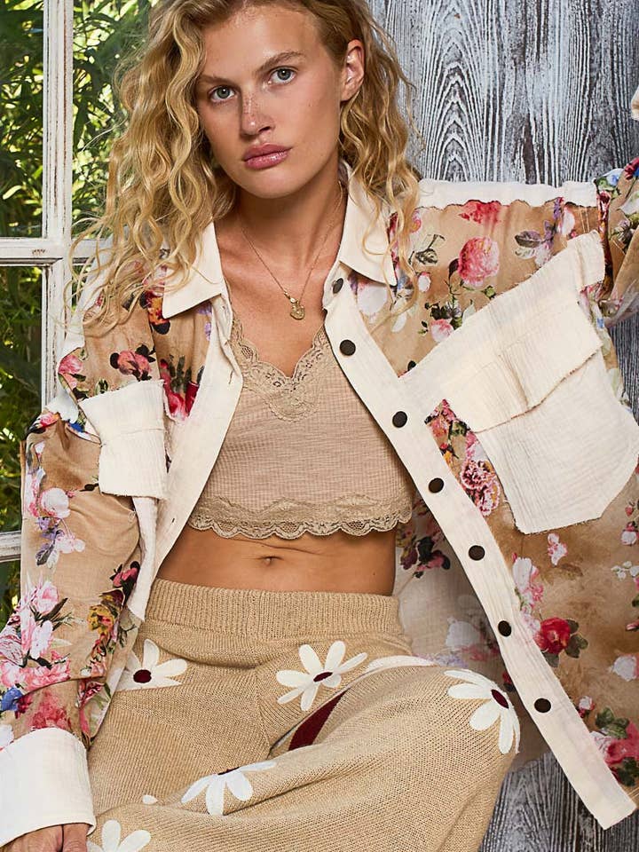 Oversized woven floral print shacket for wholesale by Pol Clothing