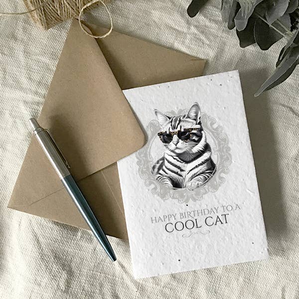'Cool cat' feline themed plantable birthday card for wholesale by Wild Bloom Press