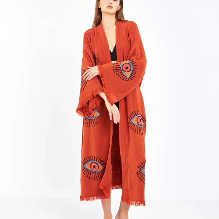 Long Cotton Kimono, Evil Eye Robe, Organic Cotton Kimono for wholesale by Umays Boho