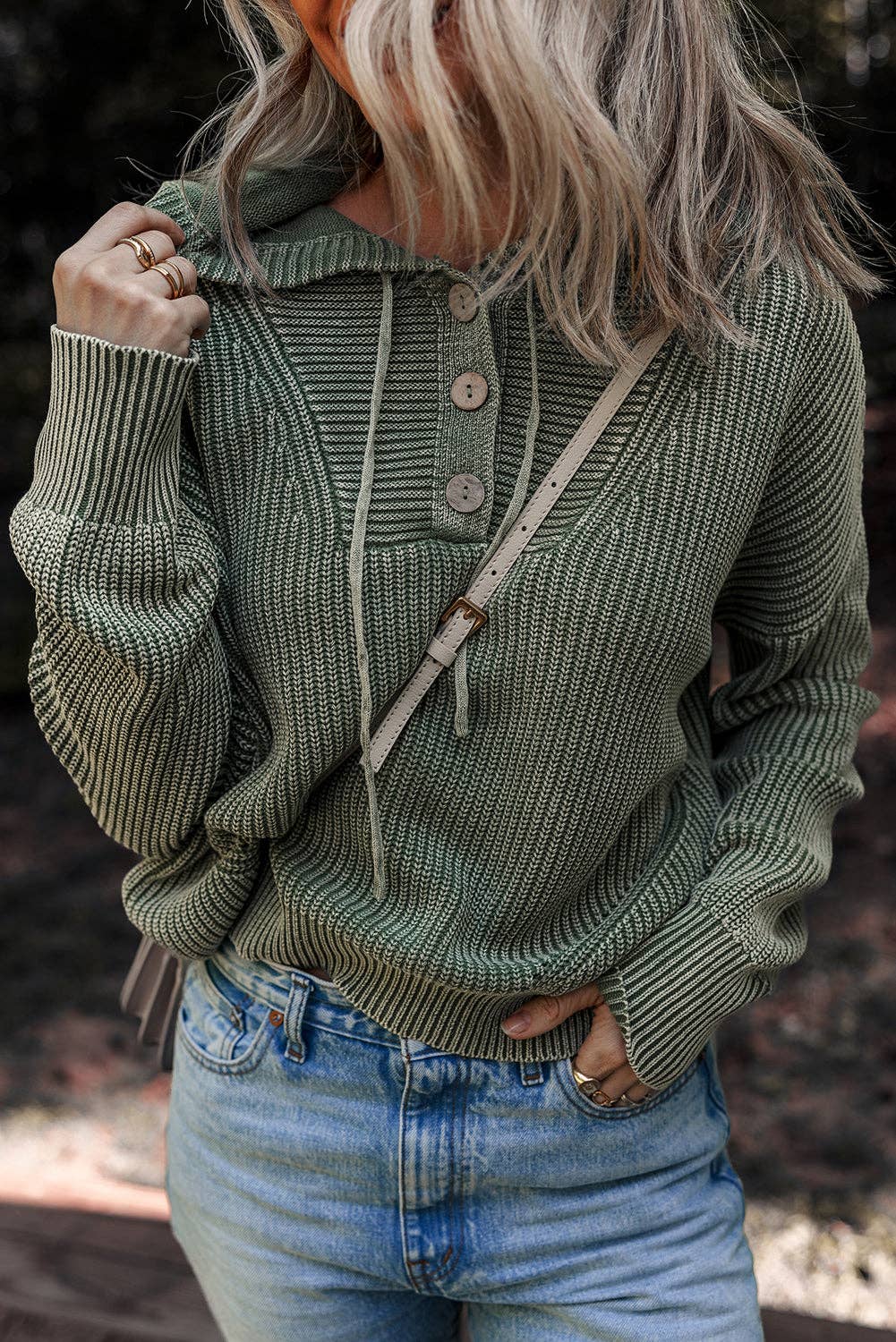 Mist Green Mineral Wash Ribbed Knit Button Drawstring Neck Hooded Sweater for wholesale on Faire5