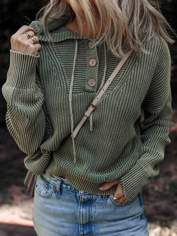 Mist Green Mineral Wash Ribbed Knit Button Drawstring Neck Hooded Sweater for wholesale on Faire5